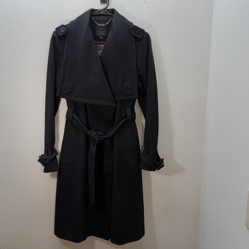 Ted Baker Lorili Size 3 US 8 Black Wool Cashmere‎ Trench Coat Belted Old Money